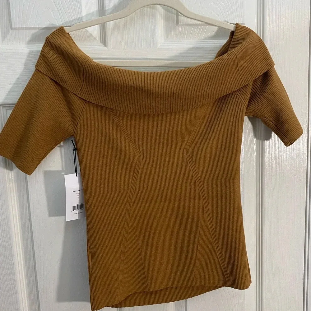 Bailey 44 Camel Off Shoulder Top L Long Sleeve Ribbed Stretch Casual NWT - Picture 6 of 8